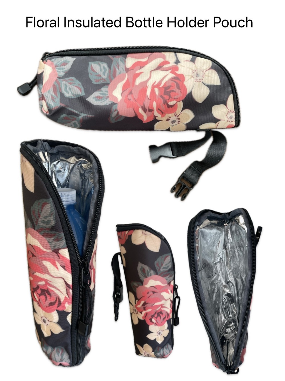 Floral Insulated Water Bottle Holder Pouch Black Pink Rose Travel Hiking Bike